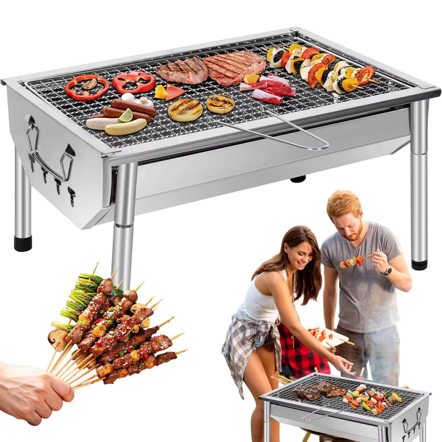 Barbecue à Charbon Portable Pliable en Acier Inoxydable – Grille Amovible | Jardin, Camping & Pique-Nique