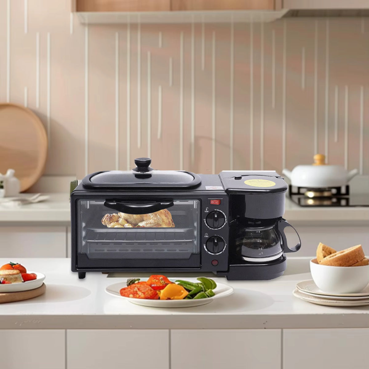 Machine Petit-Déjeuner 3 en 1 – Mini Four, Cafetière & Plaque de Cuisson – Compact 220V Noir
