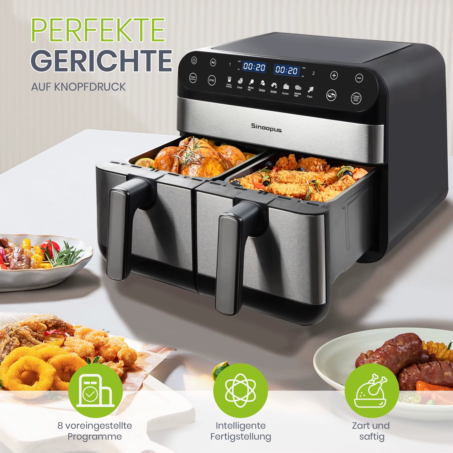 Friteuse à Air Chaud Double Panier 10L 2400W Écran Tactile LED Sans Huile XXL Cuisine Familiale Noir