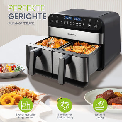 Friteuse à Air Chaud Double Panier 10L 2400W – Écran Tactile LED Sans Huile – XXL Cuisine Familiale – Noir