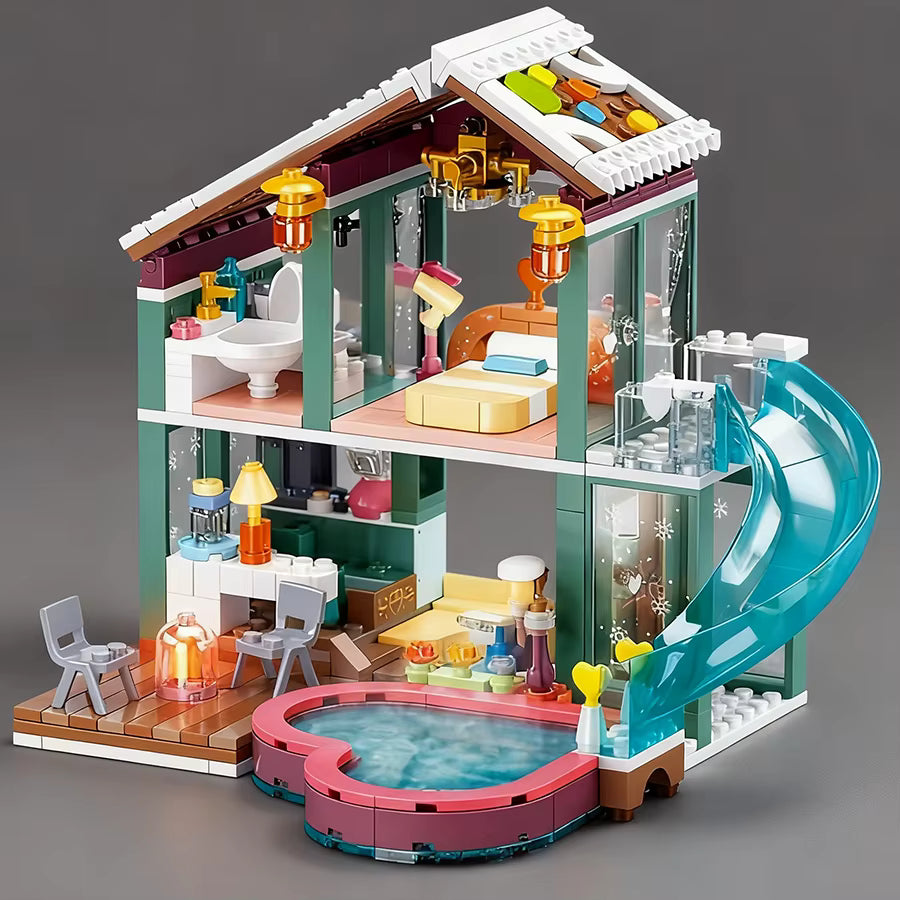 Maison Moderne avec Piscine Blocs de Construction – Villa avec Toboggan – Jeu Créatif Enfant – Cadeau Fille Garçon