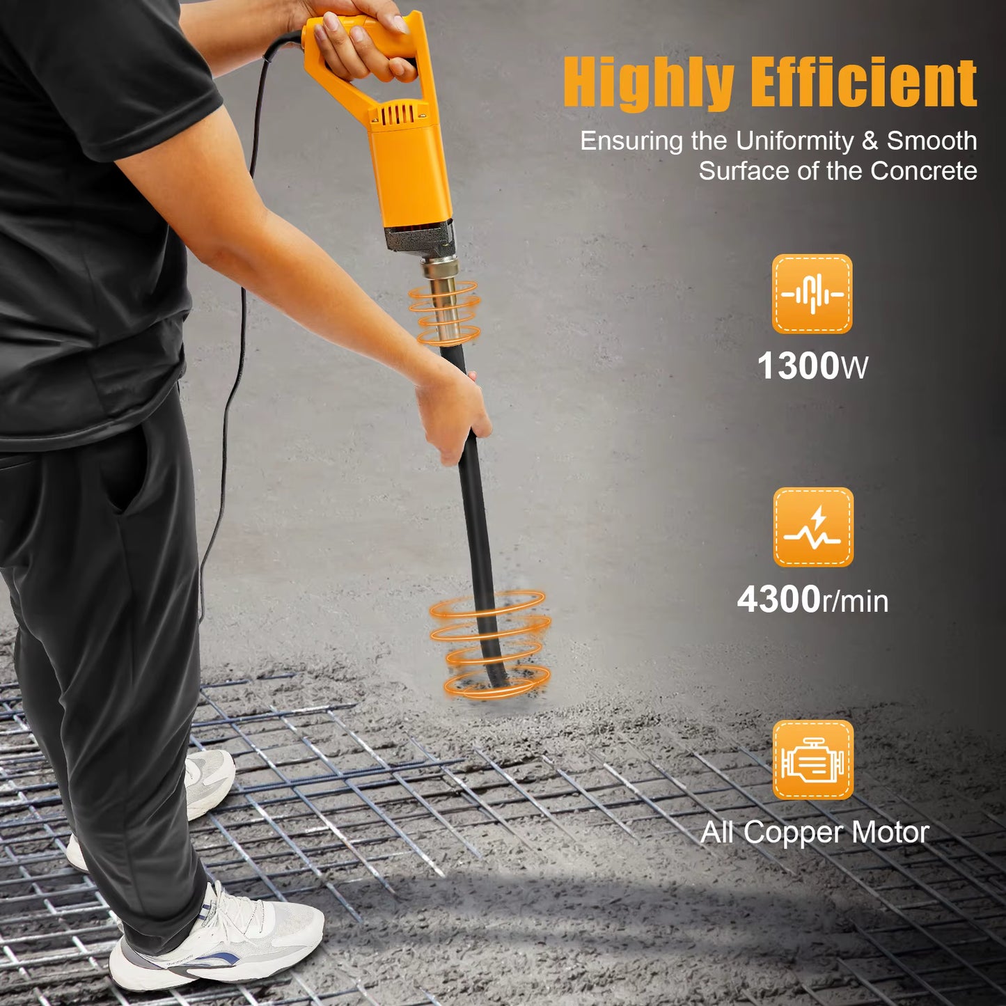 Vibreur à Béton Électrique Portable 1300W – Aiguille Vibrante 2 m, Outil Vibrant Béton Sans Fil, Élimination Bulles Air, Compact et Puissant