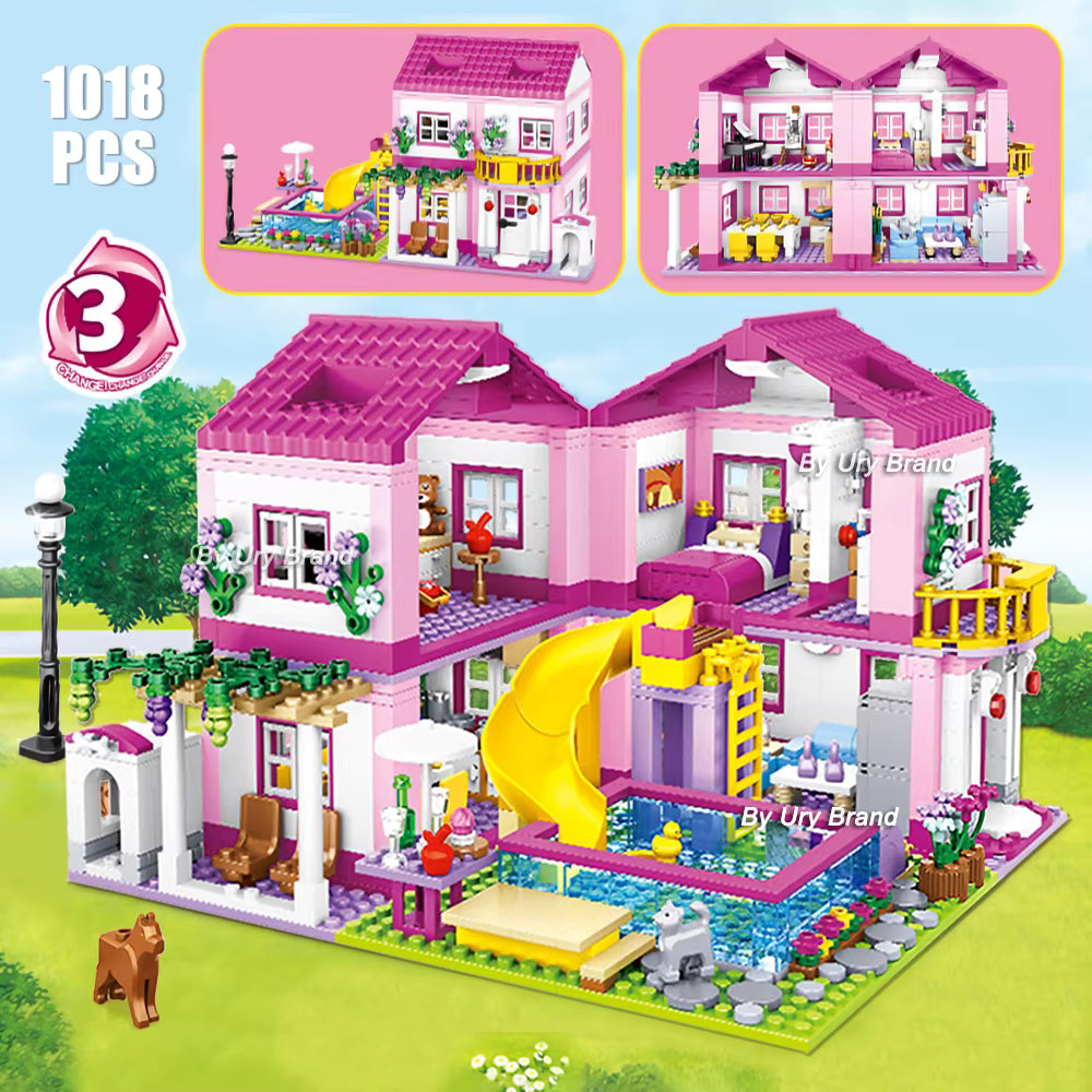 Villa Maison de Vacances en Blocs de Construction 1018 Pièces – Jeu Créatif Enfant avec Piscine et Toboggan – Cadeau Fille