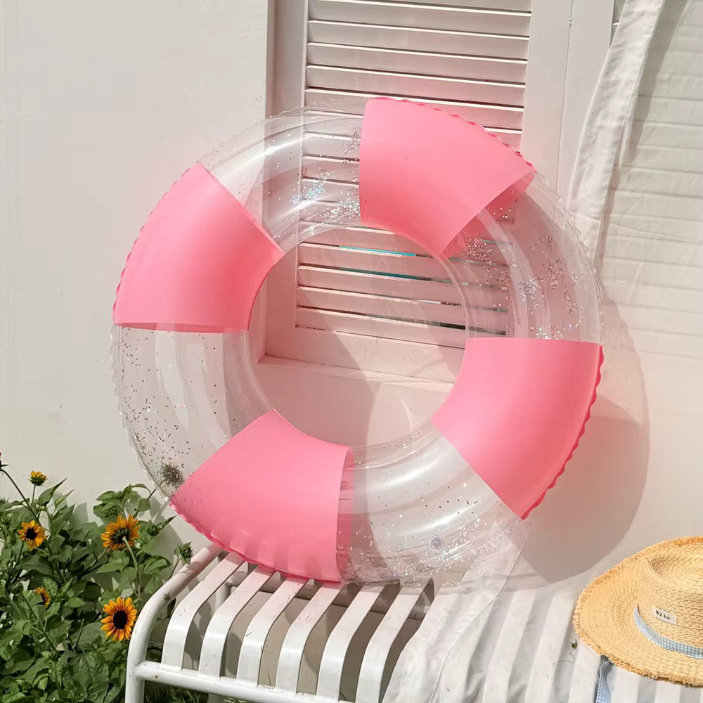 Bouée Gonflable Adulte Transparente Rose avec Poignées – Anneau de Natation Piscine Plage Été Flotteur Aquatique 60-80 kg