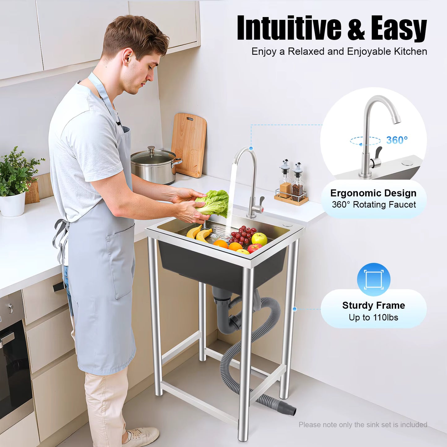 Évier de Cuisine Inox sur Pied avec Robinet 360° – Bac Unique – Évier Autonome Utilitaire Maison Restaurant