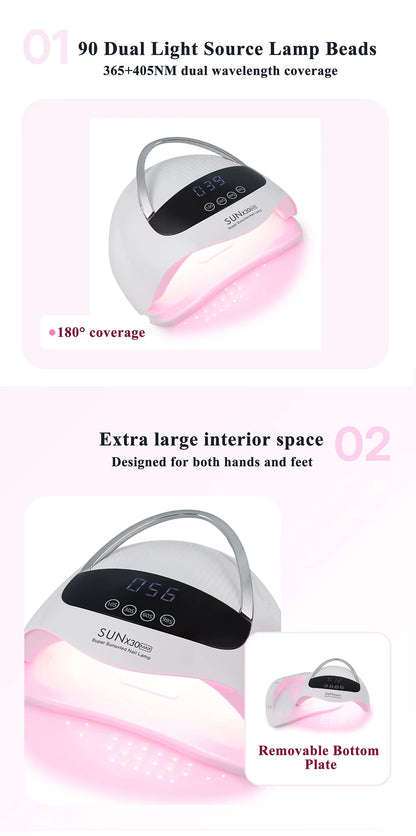 Lámpara UV LED SUN X30MAX 90 LEDs – Secador de esmalte en gel profesional con pantalla LCD y asa – Nail Art para salón y hogar