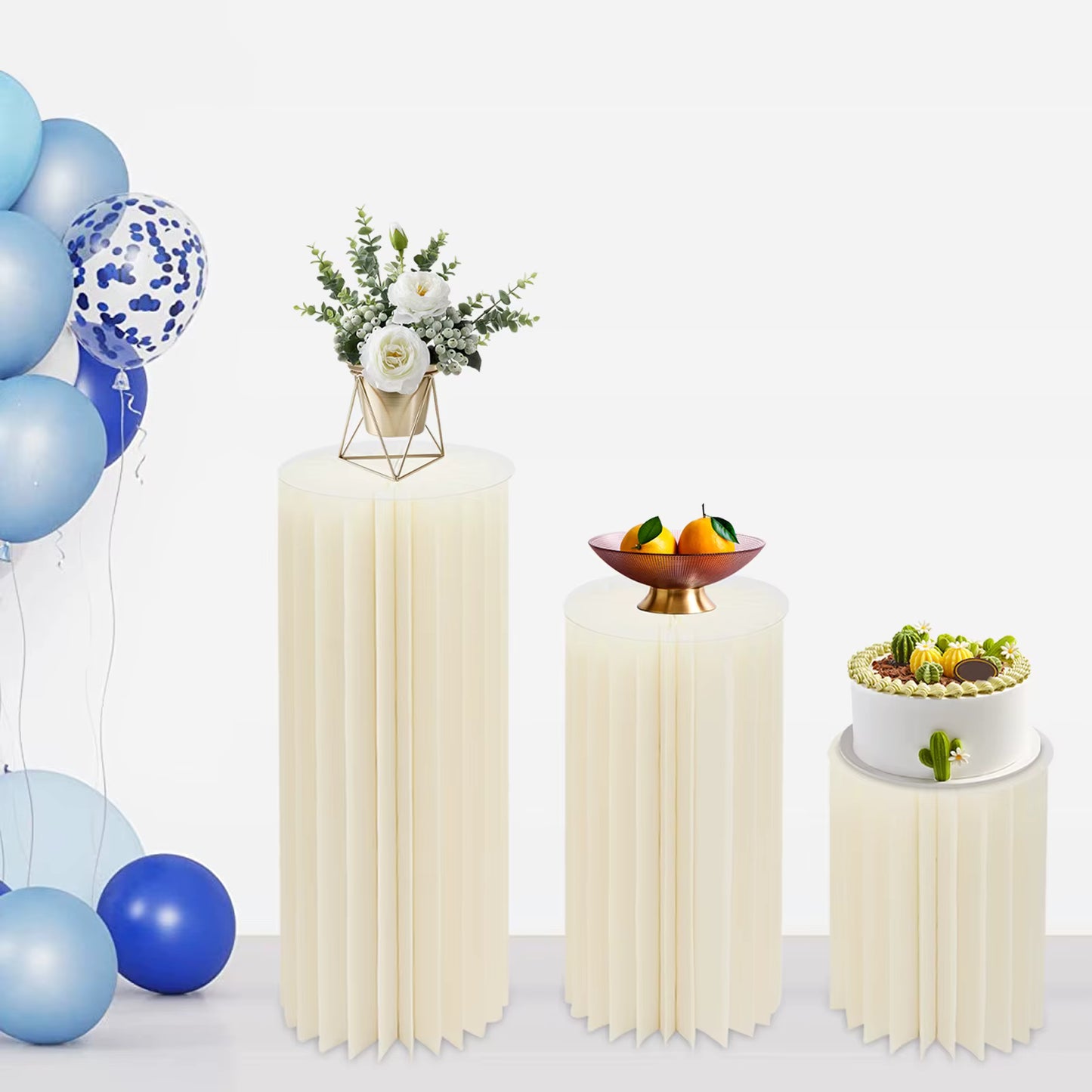 Support décoratif rond pliable blanc (lot de 3) – Socle colonne pour fleurs, mariage, anniversaire, décoration événementielle