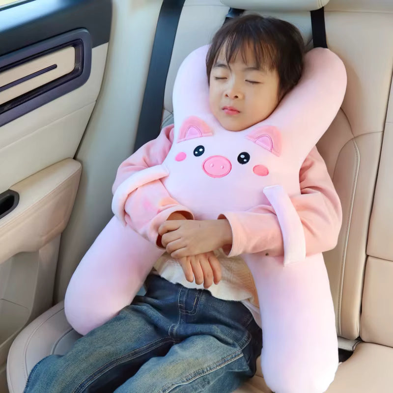 Oreiller de Voyage Enfant pour Ceinture de Sécurité Voiture – Coussin Appuie-Tête Ergonomique en Forme de Lapin Rose – Support de Sommeil pour Trajets, Voiture et Vacances