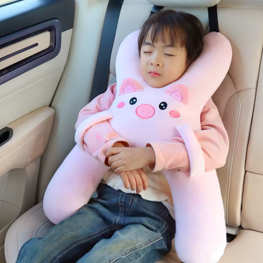Oreiller de Voyage Enfant pour Ceinture de Sécurité Voiture – Coussin Appuie-Tête Ergonomique en Forme de Lapin Rose – Support de Sommeil pour Trajets, Voiture et Vacances