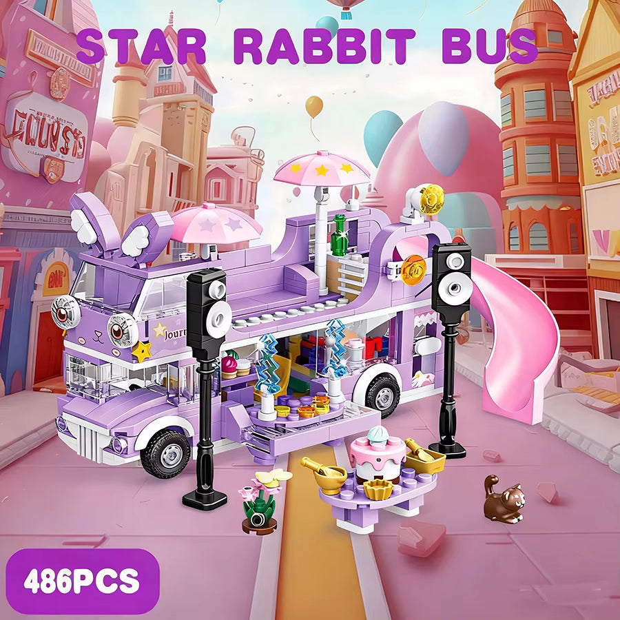 Bus Lapin Étoilé en Blocs de Construction – Jouet Créatif 486 Pièces avec Figurines – Univers Fantaisie Enfant – Jeu d’Assemblage DIY