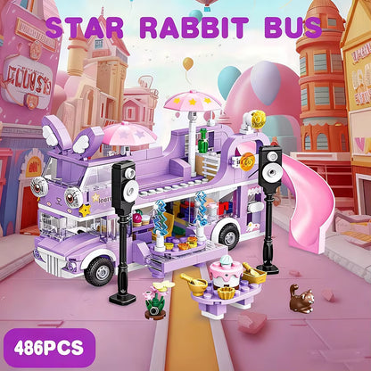 Bus Lapin Étoilé en Blocs de Construction – Jouet Créatif 486 Pièces avec Figurines – Univers Fantaisie Enfant – Jeu d’Assemblage DIY