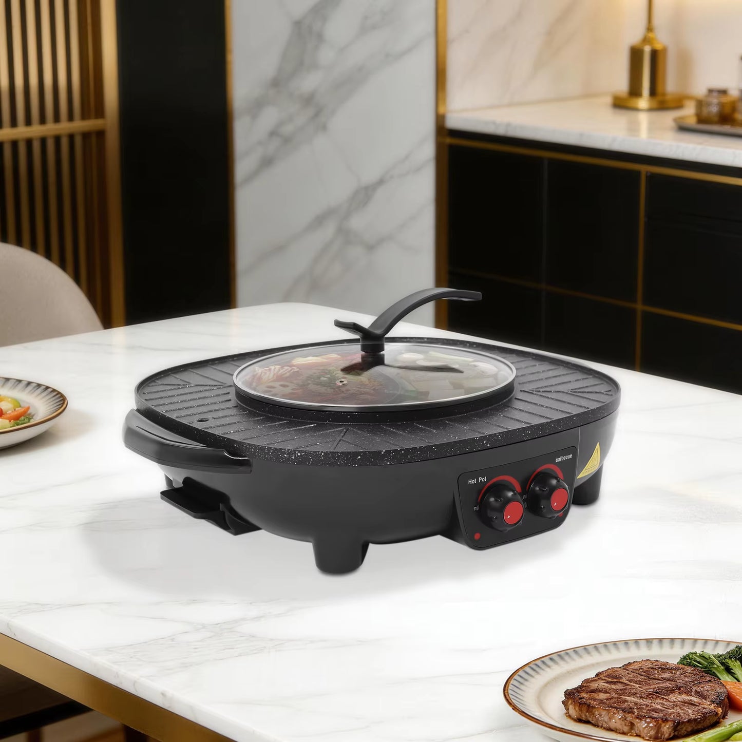 Hotpot et Grill Électrique 2 en 1 Sans Fumée Plaque Antiadhésive Cuisine Coréenne Multifonction Noir