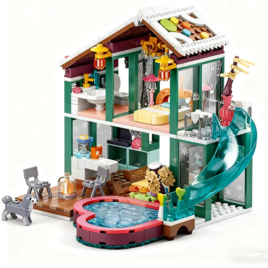 Maison Moderne avec Piscine Blocs de Construction – Villa avec Toboggan – Jeu Créatif Enfant – Cadeau Fille Garçon
