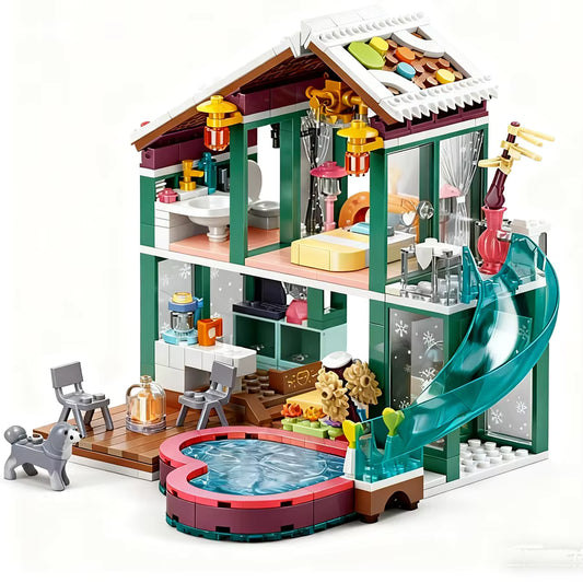 Maison Moderne avec Piscine Blocs de Construction – Villa avec Toboggan – Jeu Créatif Enfant – Cadeau Fille Garçon