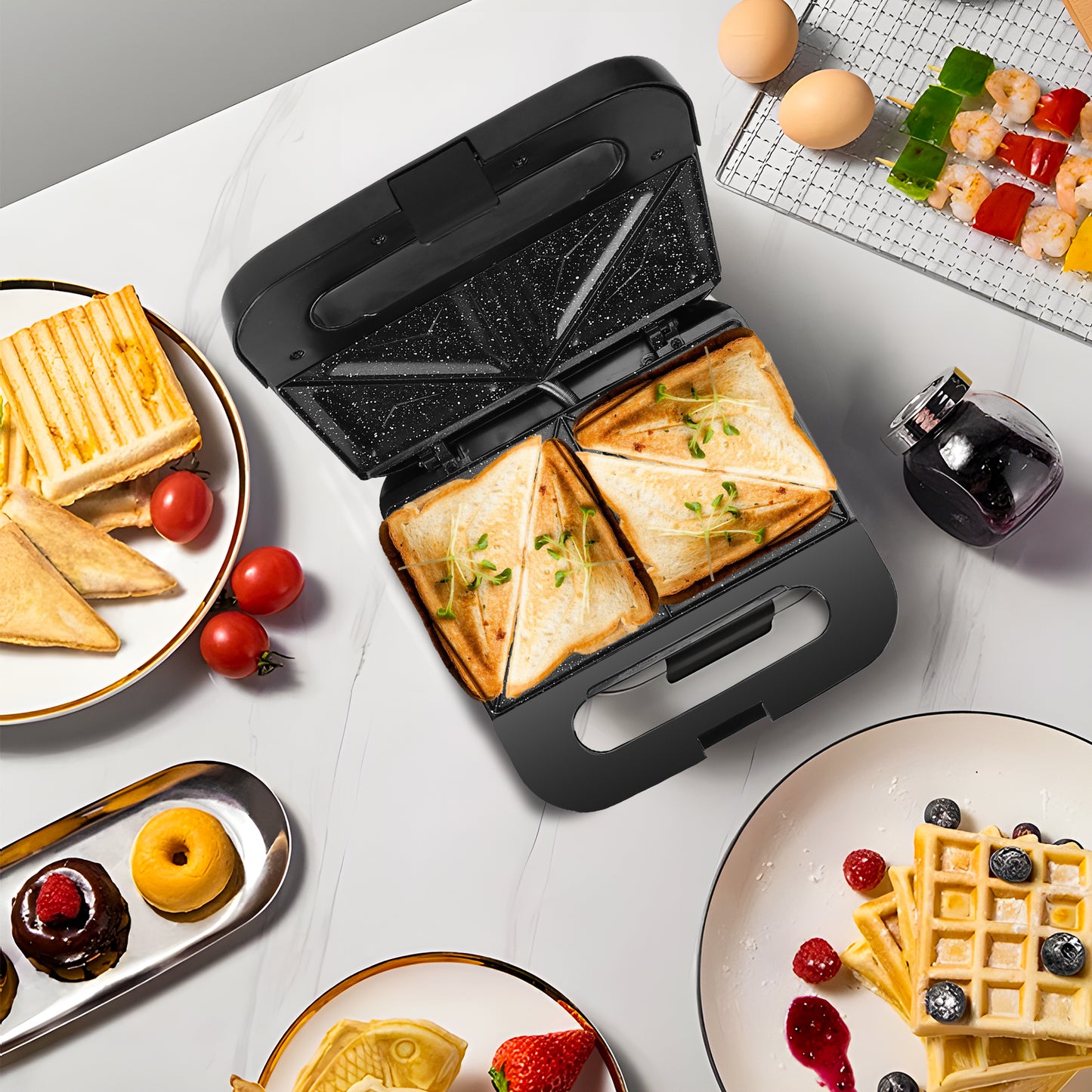 Grille-Pain Sandwich 2 en 1 – Appareil à Croque-Monsieur Antiadhésif, Chauffage Rapide 180-200°C, Compact et Facile à Nettoyer