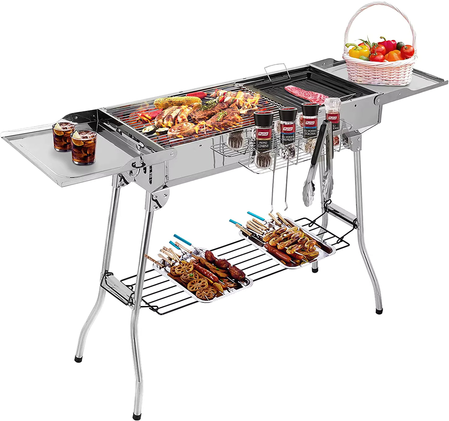 Grand Barbecue à Charbon Portable en Acier Inoxydable – Tablettes Latérales Pliantes | Jardin, Camping & Terrasse