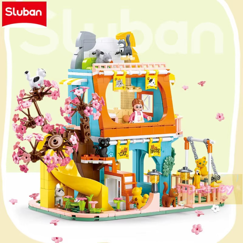 Maison Animaux Blocs de Construction avec Arbre Sakura – Villa Chat Jouet Créatif – Jeu DIY Enfant – Cadeau Fille