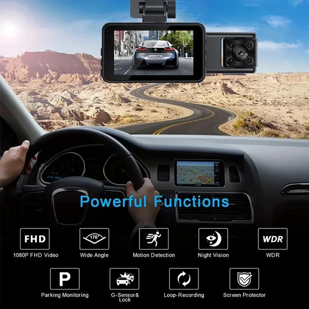 Dashcam Voiture 1080P Double Caméra Avant Arrière WiFi Écran 3 Pouces Vision Nocturne Grand Angle