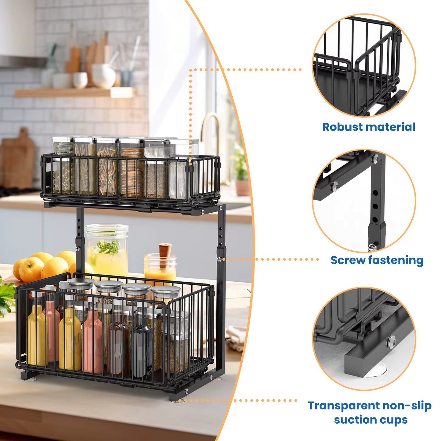 Organisateur extractible 2 niveaux avec tiroirs coulissants pour sous-évier