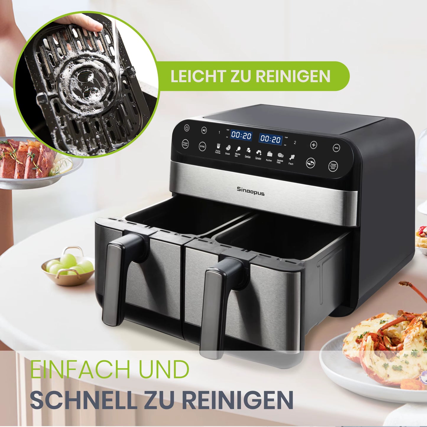 Friteuse à Air Chaud Double Panier 10L 2400W Écran Tactile LED Sans Huile XXL Cuisine Familiale Noir