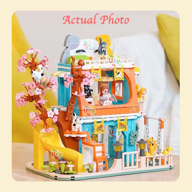 Maison de Chats en Blocs de Construction 521 Pièces – Villa Fantaisie avec Figurines Animaux – Jeu Créatif Enfant DIY – Univers Sakura