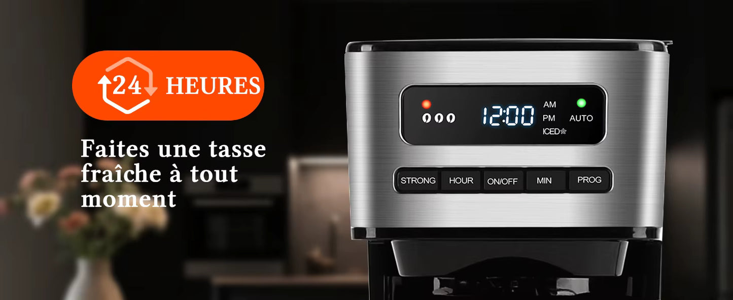 Cafetière Électrique 1,8L Programmable 24H – Machine à Café 12-15 Tasses avec Filtre Amovible, Maintien au Chaud, Écran LED