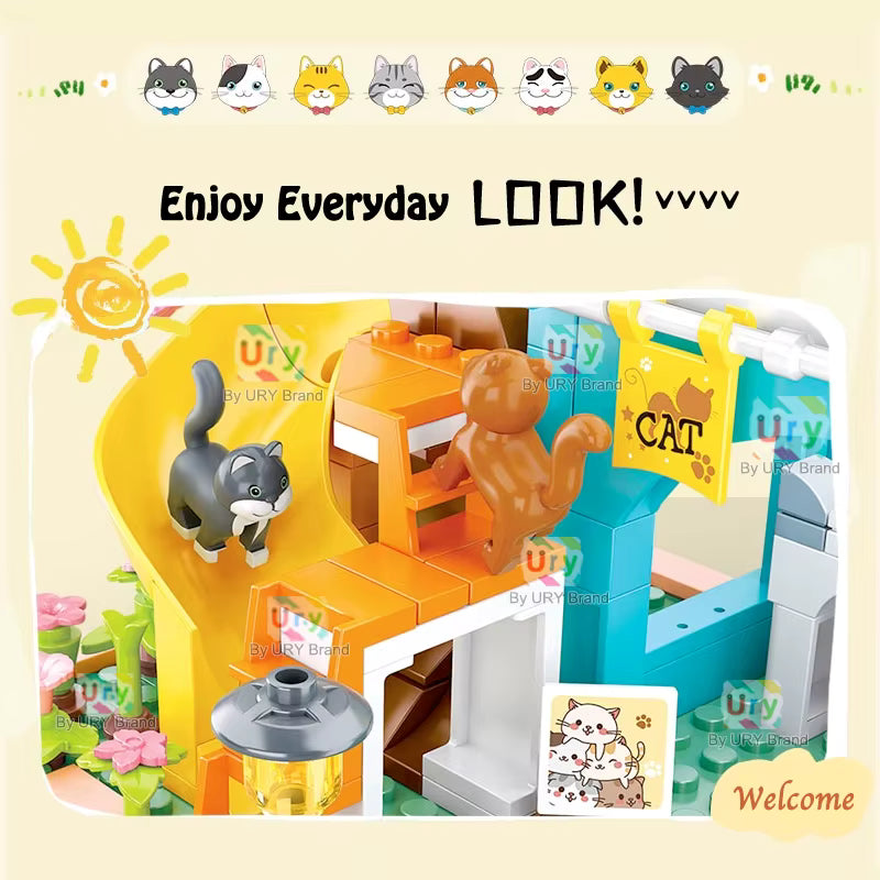 Maison de Chats en Blocs de Construction 521 Pièces – Villa Fantaisie avec Figurines Animaux – Jeu Créatif Enfant DIY – Univers Sakura