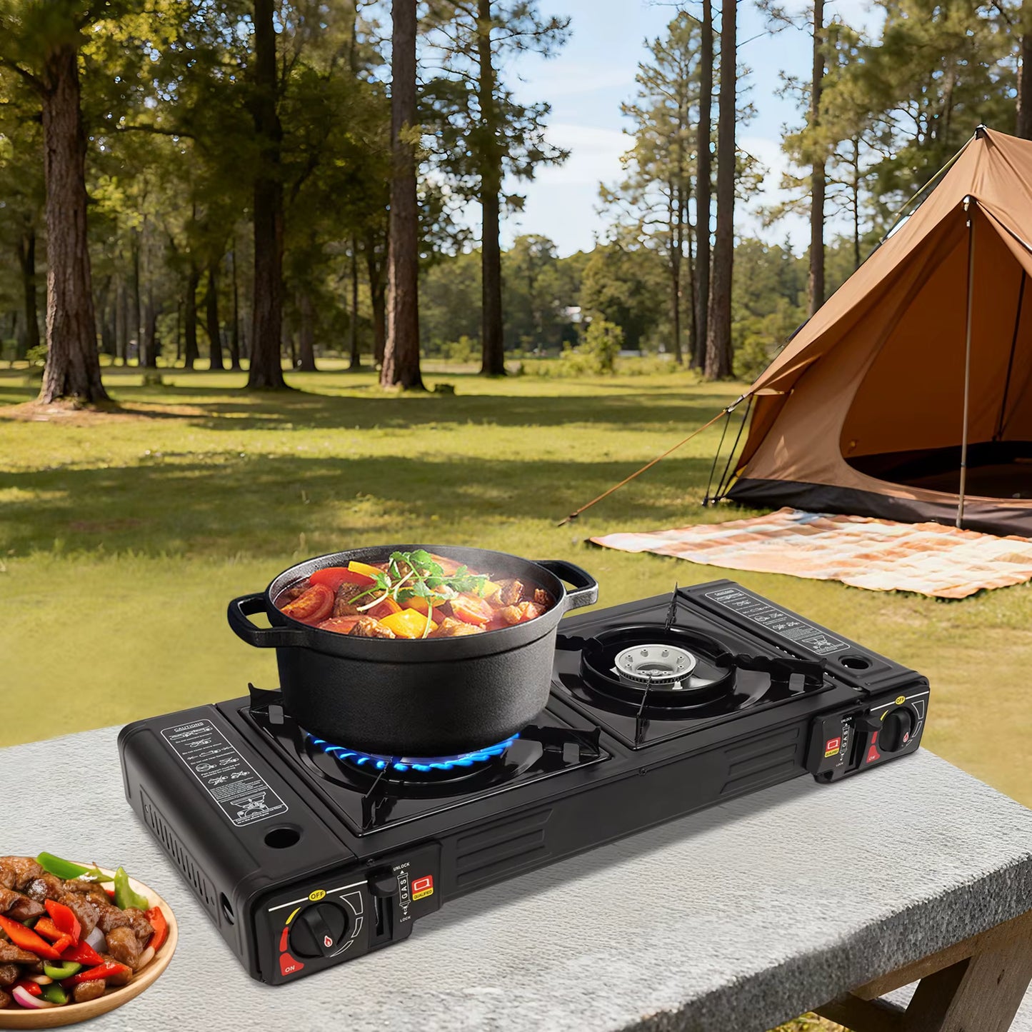 Réchaud de Camping Portable 2 Brûleurs Gaz Butane GPL 2,5 kW Allumage Automatique Barbecue Pique-Nique Outdoor