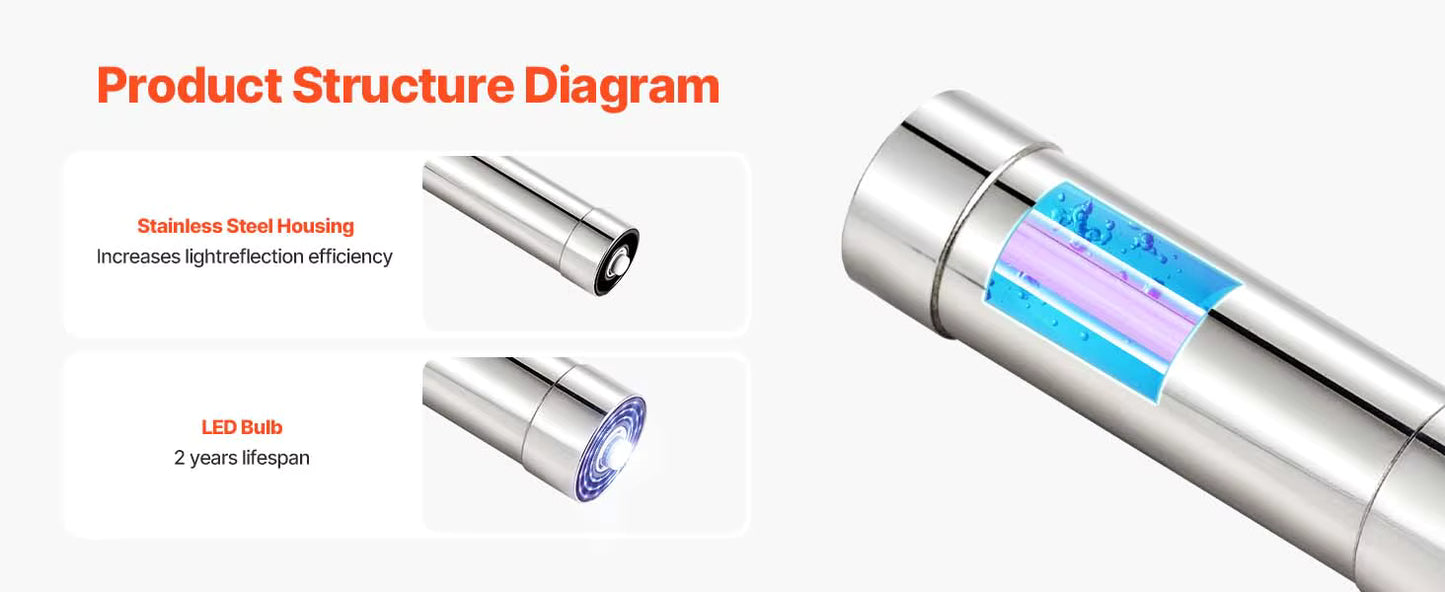 Purificateur d’Eau UV 8W – Filtre Ultraviolet en Acier Inoxydable – Système de Désinfection pour Maison