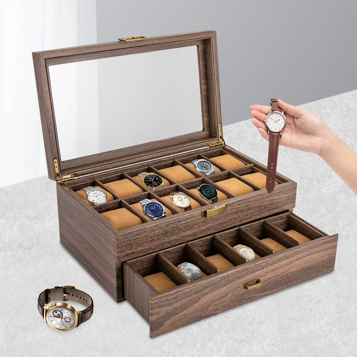 Boîte à Montres 24 Compartiments avec Vitrine – Coffret de Rangement Bijoux 2 Niveaux, Organisateur Montres en Bois avec Fenêtre Verre, Design Élégant
