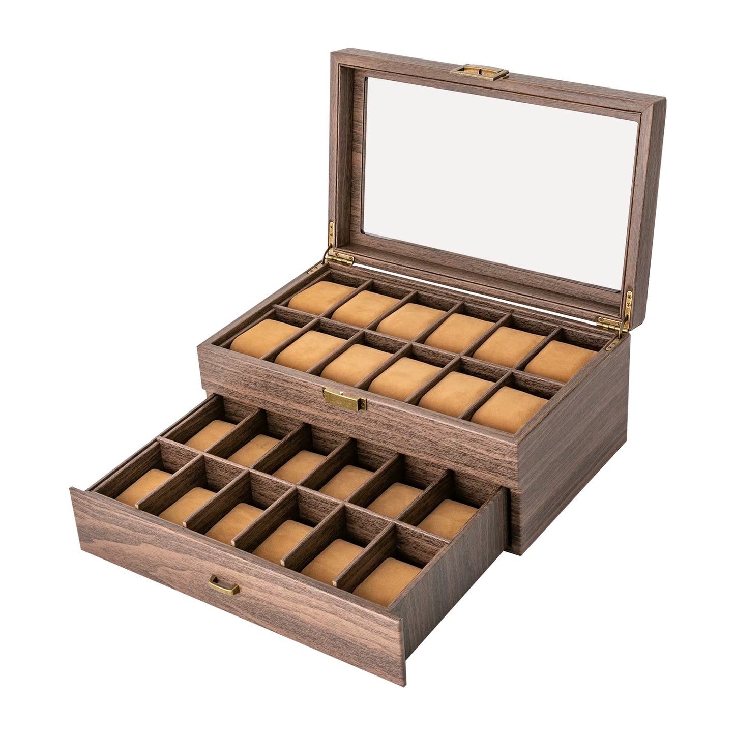 Boîte à Montres 24 Compartiments avec Vitrine – Coffret de Rangement Bijoux 2 Niveaux, Organisateur Montres en Bois avec Fenêtre Verre, Design Élégant