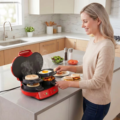 Machine à Petit-Déjeuner Électrique Double Compartiment – Burger, Sandwich & Muffin – Plaques Antiadhésives 220V Rouge