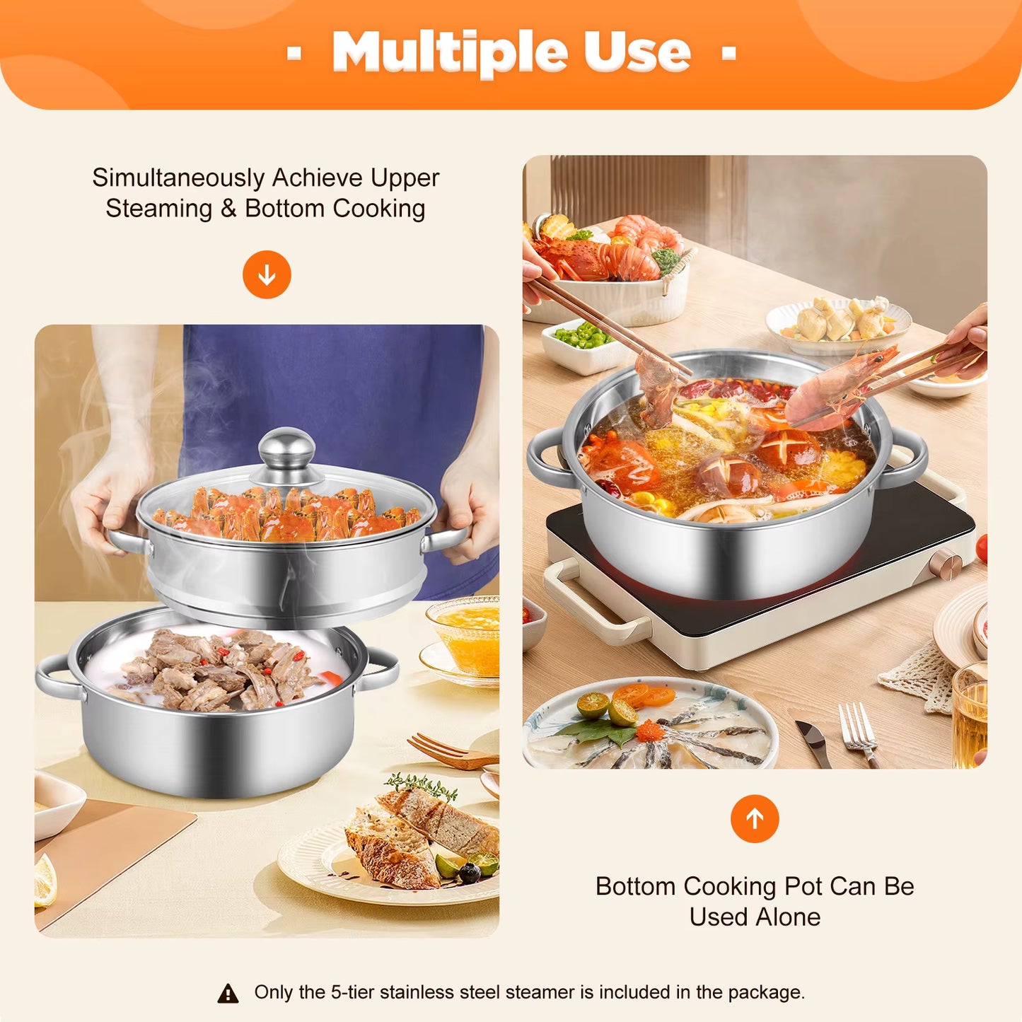 Cuiseur Vapeur Inox 5 Niveaux Ø24 cm – Panier Vapeur Empilable – Cuisine Saine Légumes Poisson Riz – Tous Feux