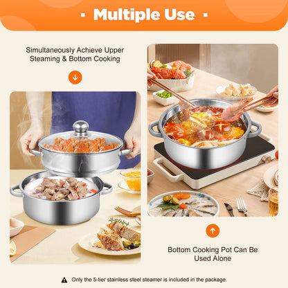 Cuiseur Vapeur Inox 5 Niveaux Ø24 cm – Panier Vapeur Empilable – Cuisine Saine Légumes Poisson Riz – Tous Feux
