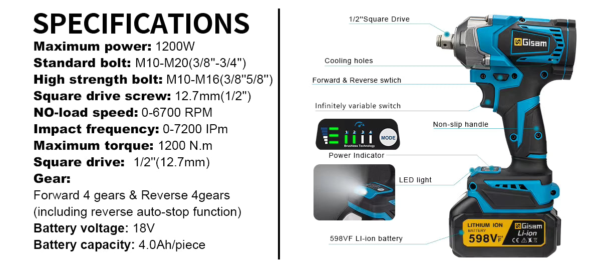 Clé à chocs électrique sans fil 1/2 pouce 1200 Nm sans balais