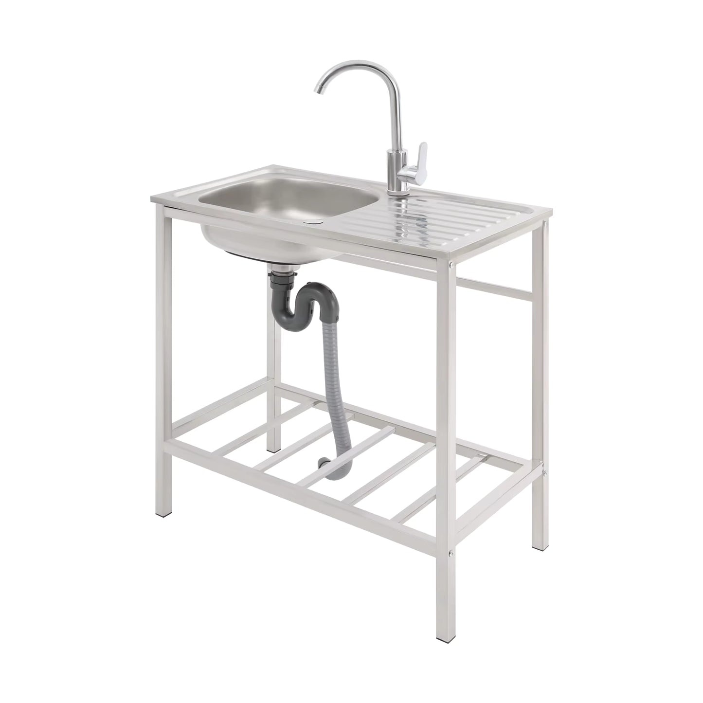 Évier de Cuisine Extérieur avec Support – Bac Inox 75x40x75 cm, Robinet 360°, Table de Travail avec Étagère, Évier Autonome pour Jardin, Camping ou Professionne