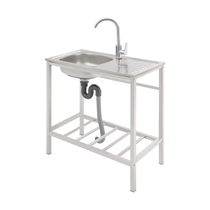 Évier de Cuisine Extérieur avec Support – Bac Inox 75x40x75 cm, Robinet 360°, Table de Travail avec Étagère, Évier Autonome pour Jardin, Camping ou Professionne