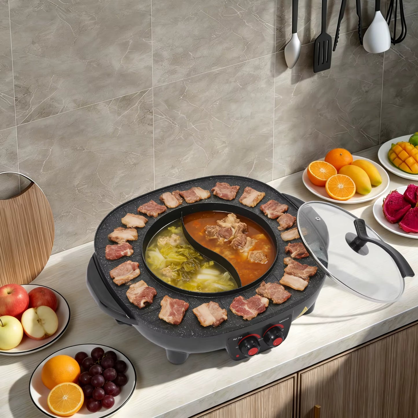 Hotpot et Grill Électrique 2 en 1 Sans Fumée Plaque Antiadhésive Cuisine Coréenne Multifonction Noir