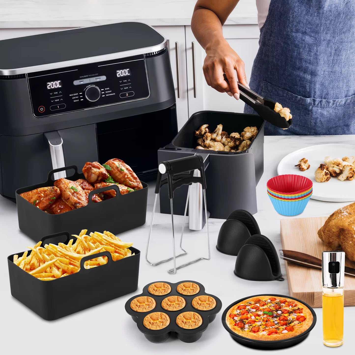 Accessoires Friteuse à Air 31 Pièces – Moules Silicone, Grilles, Pinces, Gants, Brosse Huile – Compatible Air Fryer Ninja Keplin Tower