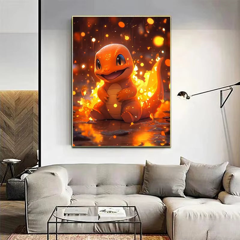 peinture diamant dragon de feu style dessin animé – Diamond painting DIY décoration murale – 50x70 cm