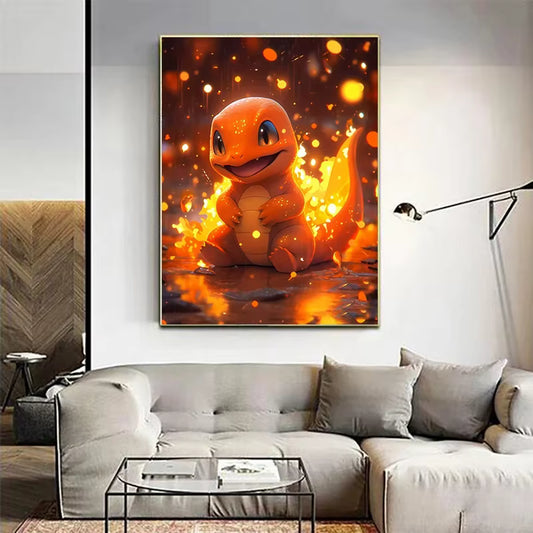 peinture diamant dragon de feu style dessin animé – Diamond painting DIY décoration murale – 50x70 cm