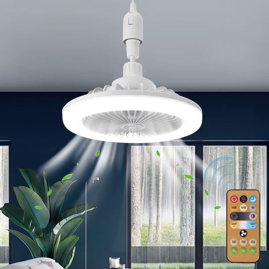Ventilateur de Plafond LED E27 avec Télécommande | Ventilateur Silencieux de Chambre | Lampe Ventilateur Réglable 3 Vitesses | Éclairage et Ventilation pour Chambre, Cuisine, Bureau