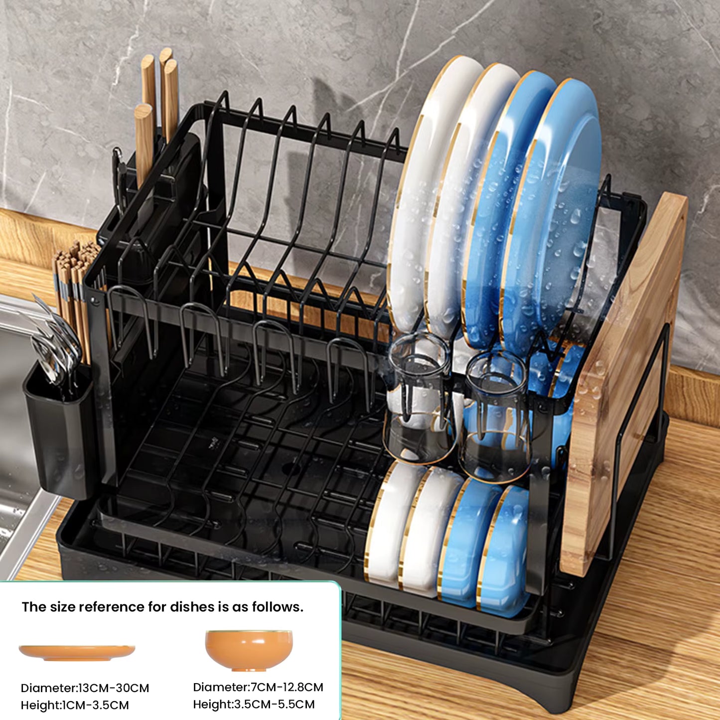 Égouttoir à Vaisselle 2 Niveaux Rotatif 360° – Support de Rangement Cuisine avec Plateau de Drainage – Égouttoir à Bec Pivotant – Couleur Noir