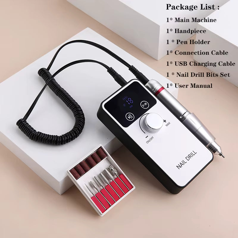 Ponceuse à Ongles Électrique 45000 RPM Rechargeable – Nail Drill Professionnel avec Embouts et Écran LCD – Lime à Ongles Gel UV