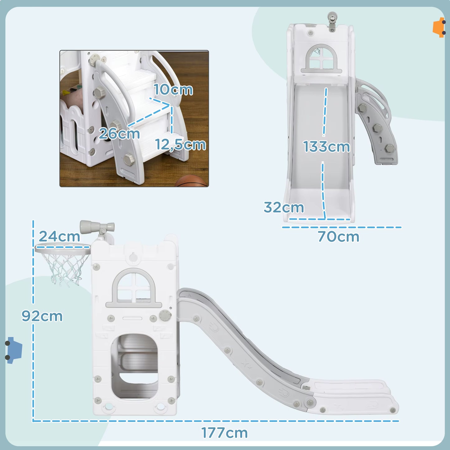 Toboggan Enfant 5 en 1 avec Panier de Basket – Structure d’Escalade Gris 70 x 177 x 92 cm