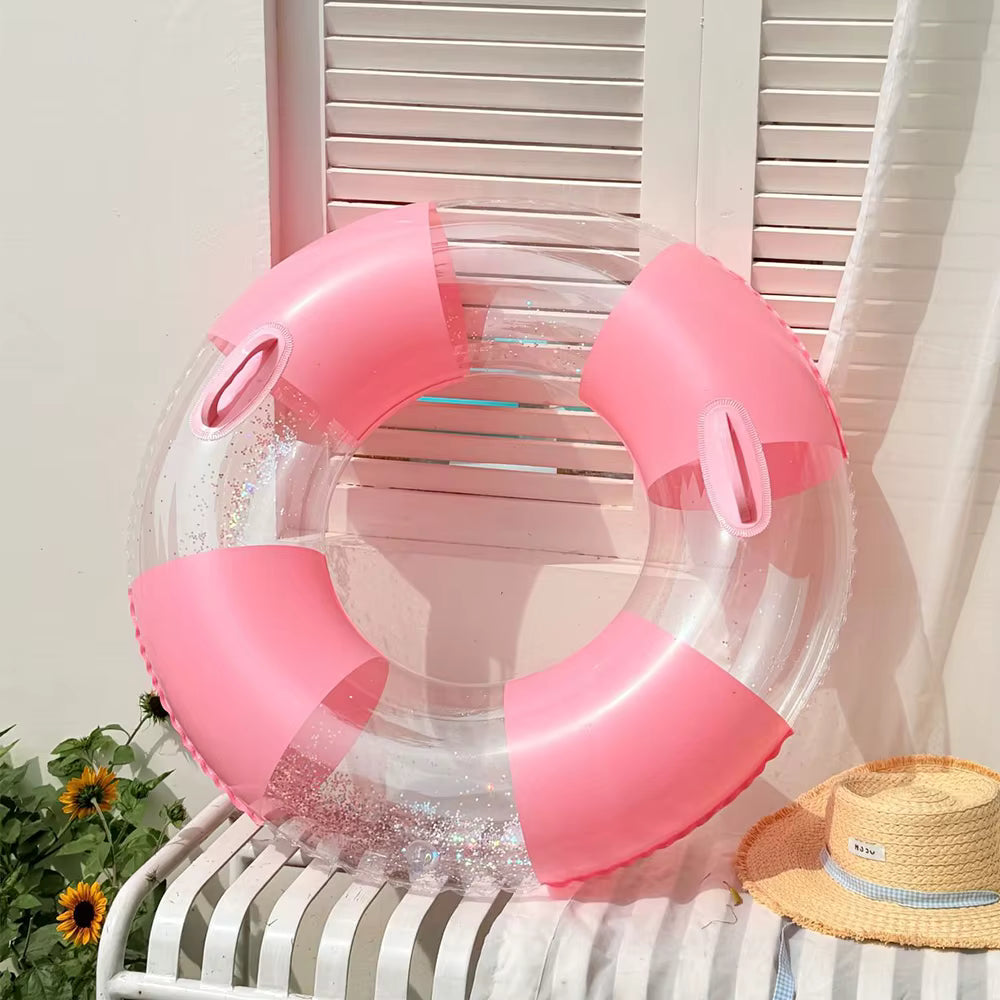 Bouée Gonflable Adulte Transparente Rose avec Poignées – Anneau de Natation Piscine Plage Été Flotteur Aquatique 60-80 kg