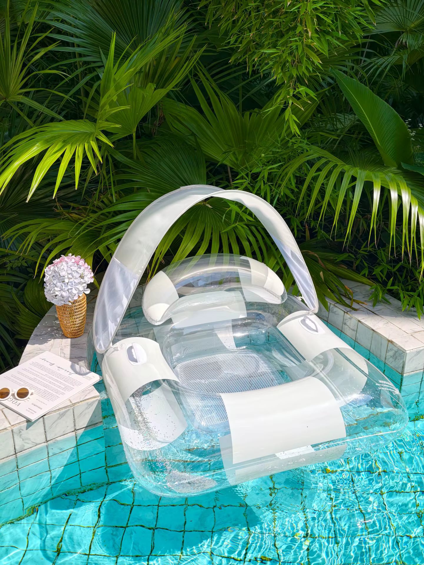 Fauteuil Flottant Gonflable avec Pare-Soleil Amovible – Matelas Piscine Adulte | Transparent Blanc