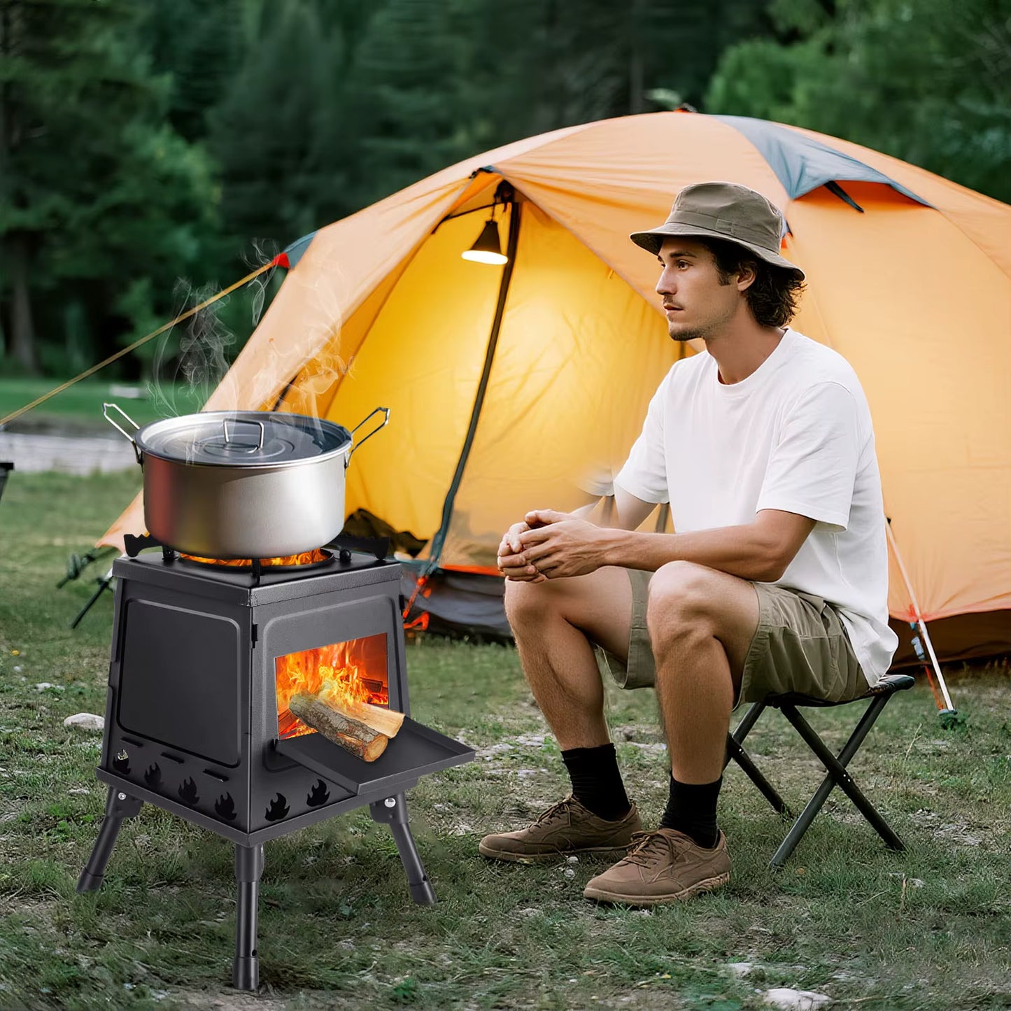 Poêle à Bois Portable Pliable pour Camping et Randonnée – Réchaud Extérieur avec Sac de Transport et Gants – Cuisine Plein Air