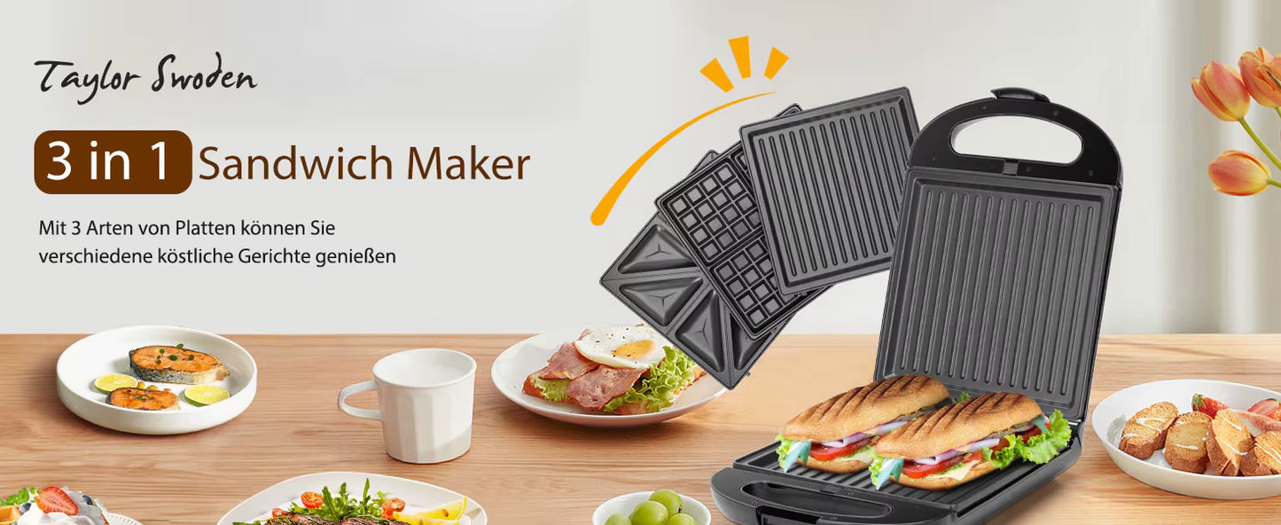 Machine à Sandwich 3 en 1 – Appareil à Croque-Monsieur, Gaufrier et Grill 1200W, Plaques Antiadhésives Amovibles, Rotation 180°