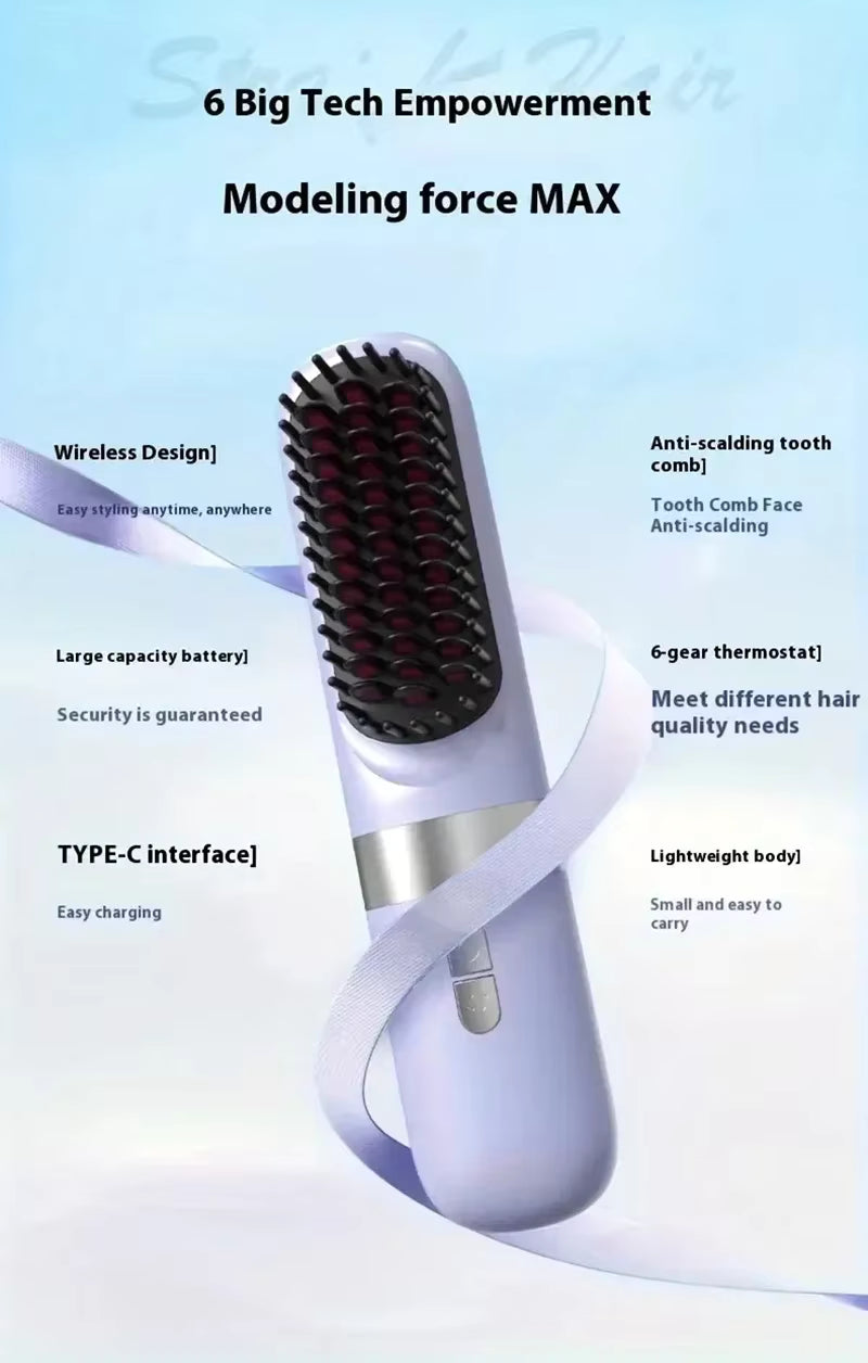 Brosse Lissante Électrique Sans Fil – Lisseur Cheveux Anti-Brûlure à Ions